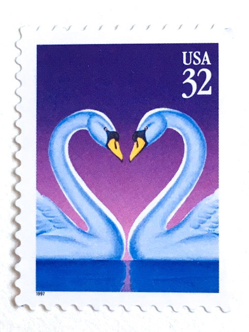 10 Love Birds Postage Stamps Lilac Swans 32 Cent Heart Postage Stamps