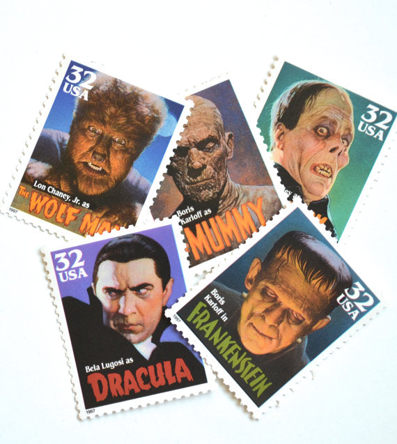 classic movie monsters stamps 10 Halloween Monster Stamps Horror Movie Monster Postage Stamps Dracula Frankenstein Mummy Phantom Wolf Man Stamps for Mailing